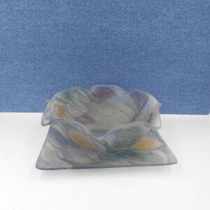 VINTAGE SMALL REUVEN RUFFLED EDGE ART GLASS BOWL & PLATE WATERCOLOR SATIN FINISH